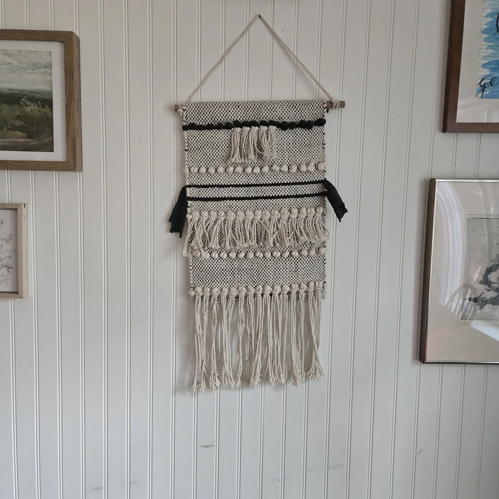 Woven Bohemian Wall Tapestry In Cream And Black